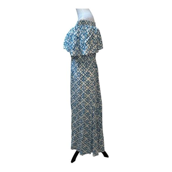 Chicos Off The Shoulder Maxi Dress Blue White Geometric Print Elastic Waist Sz 8 - Picture 2 of 8